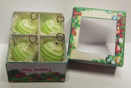 4 LIGHT GREEN & WHITE STRIPED TREE ORNAMENTS