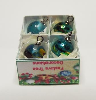 4 BLUE WITH SWIRL GLASS TREE ORNAMENTS