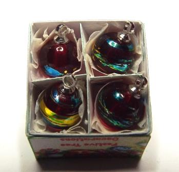 4 RED WITH BLUE SWIRL GLASS TREE ORNAMENTS