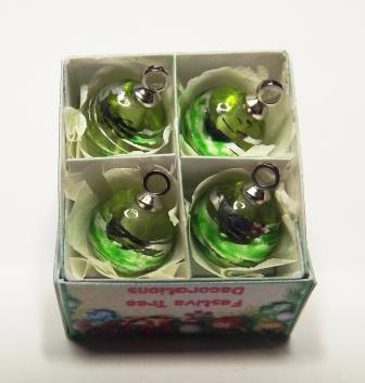 4 GREEN WITH GREEN SWIRL GLASS TREE ORNAMENTS - Click Image to Close