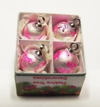 4 WHITE WITH PINK GLASS TREE ORNAMENTS